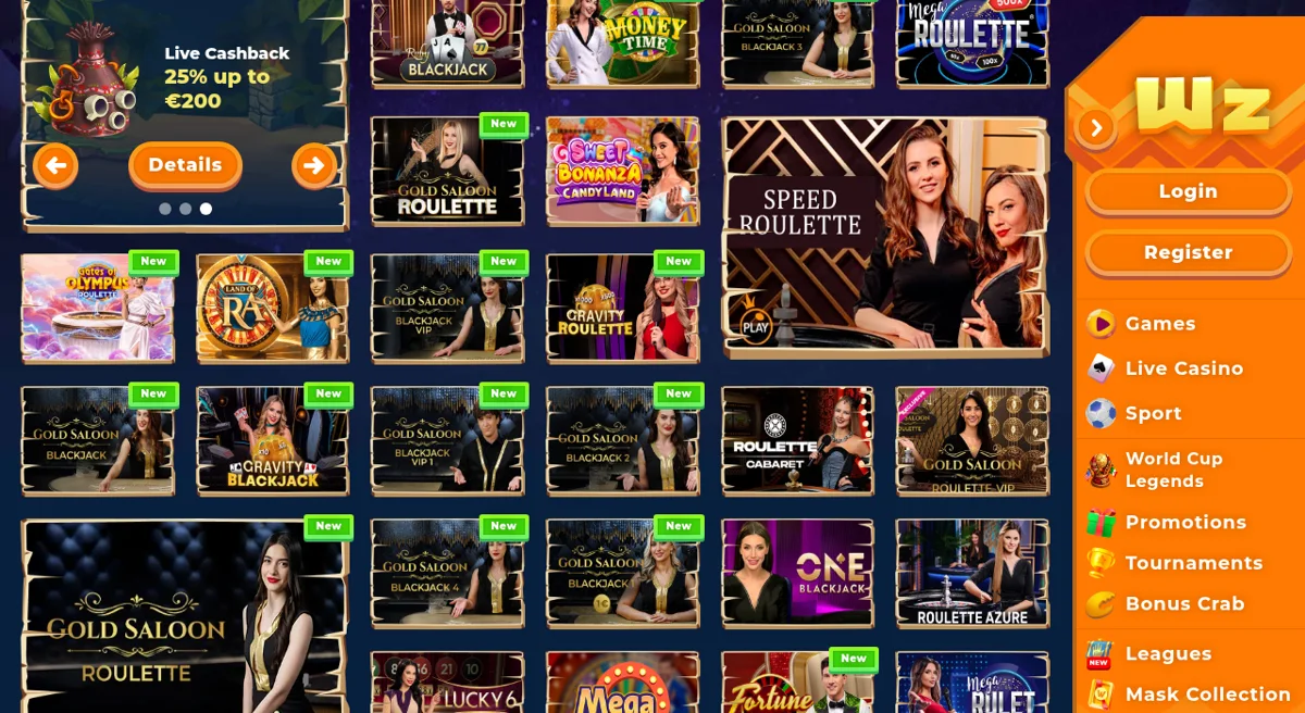 Živé kasino Wazamba s ruletou, blackjackem a game show